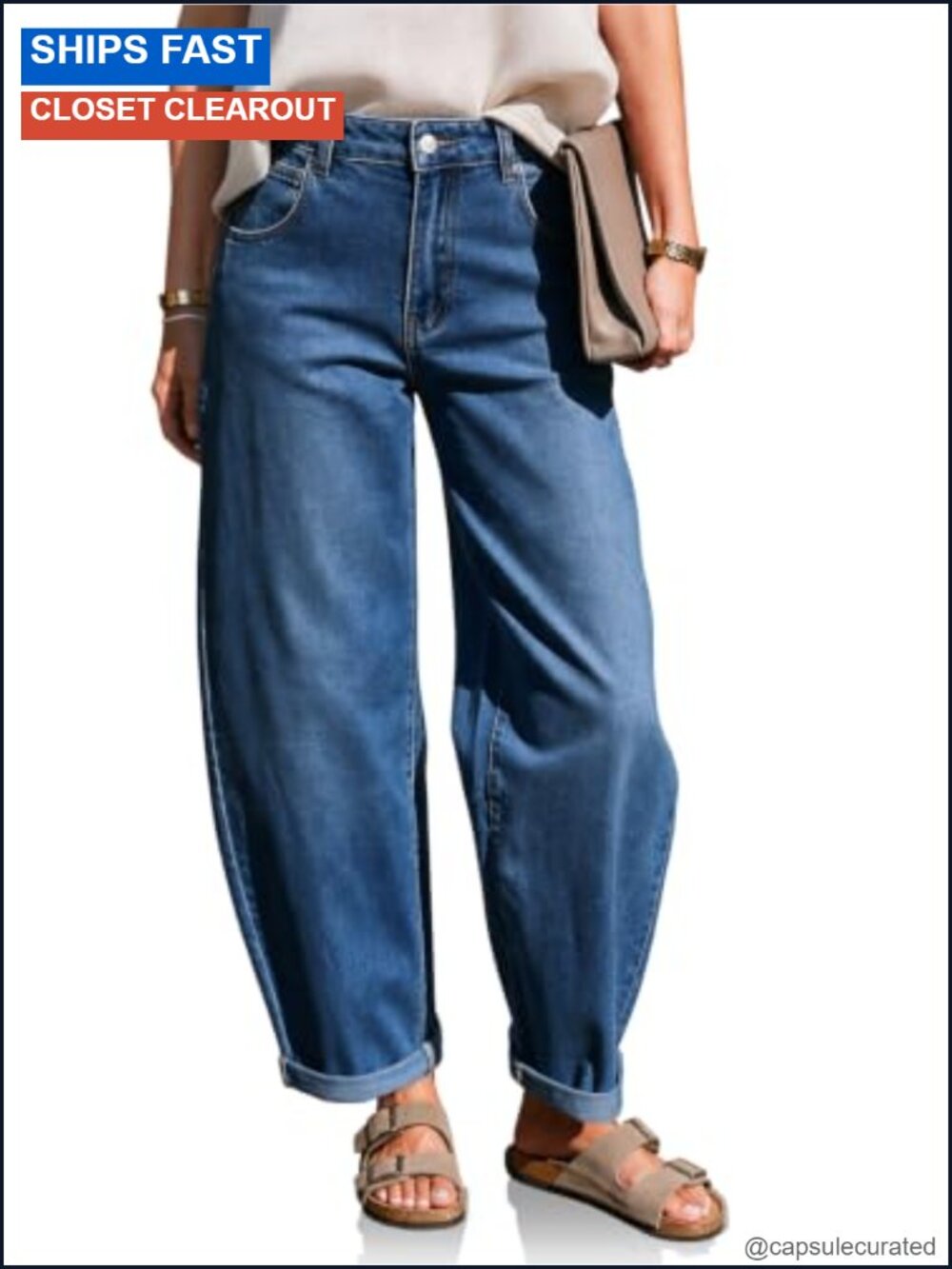 High Waisted Wide Leg Barrel Jeans Rolled Cuff Denim Pants